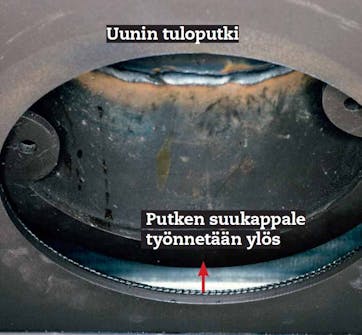 Takkasydän avotakkaan: Fleksiputken suukappaleen tulee olla työnnettynä hieman ylös Takkasydän avotakkaan: Fleksiputken suukappaleen tulee olla työnnettynä hieman ylös